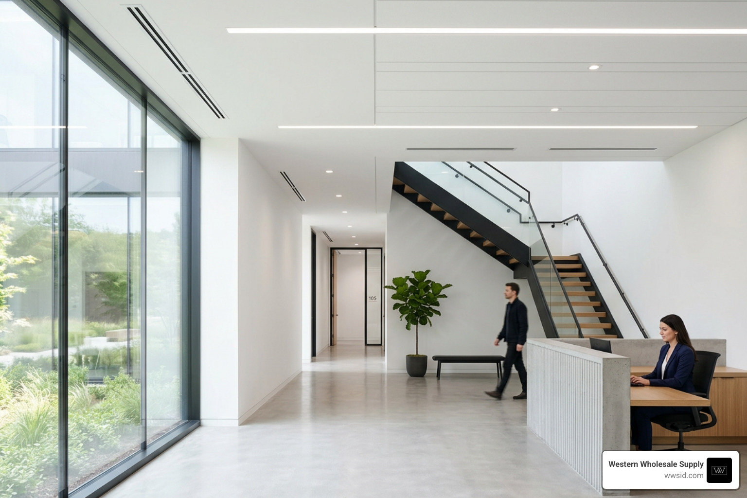 Professional architectural shot of a clean building interior featuring high-quality drywall and ceiling installation Professional architectural shot of a clean building interior featuring high-quality drywall and ceiling installation