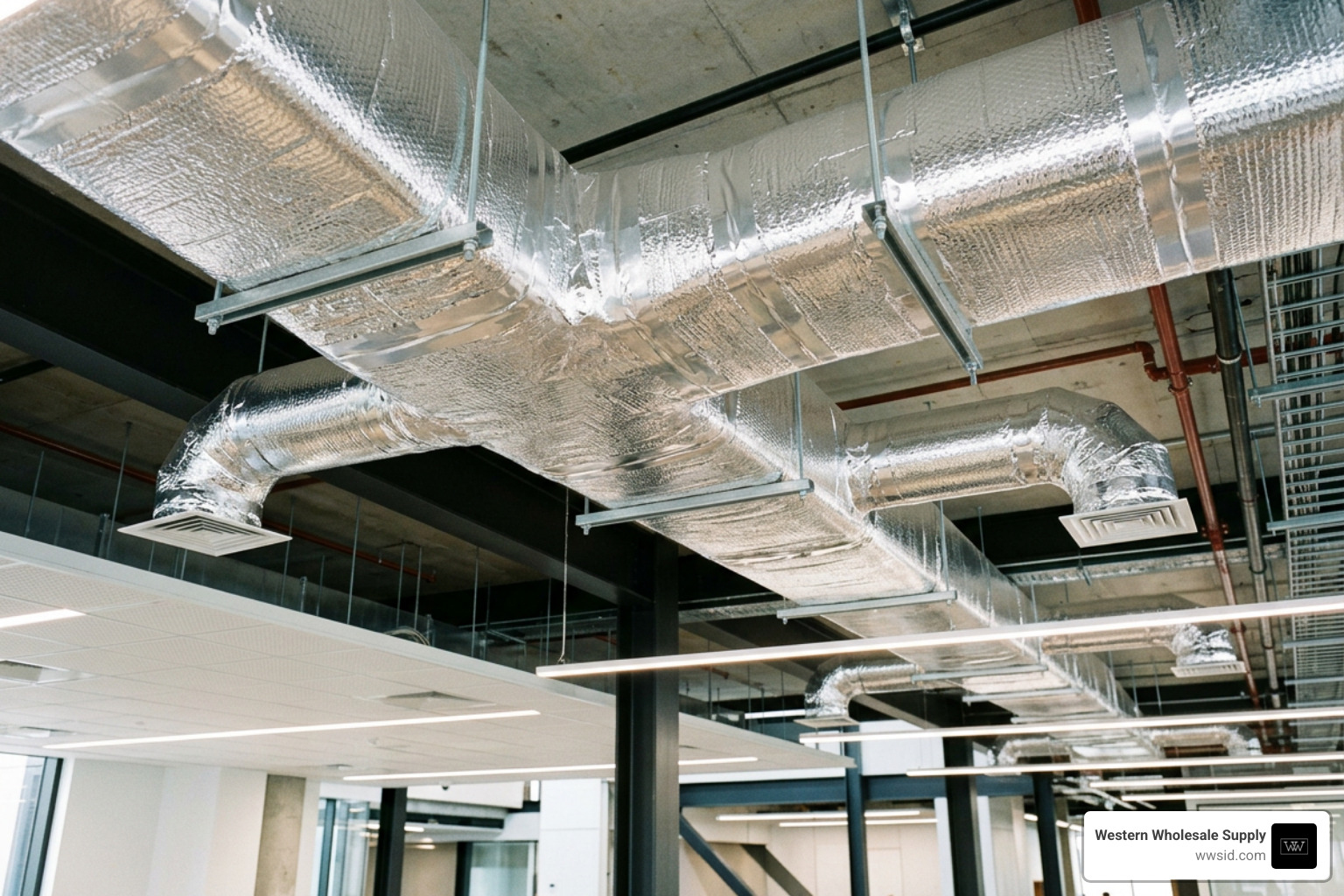 Clean installation of insulation on overhead HVAC ductwork inside a modern building interior Clean installation of insulation on overhead HVAC ductwork inside a modern building interior