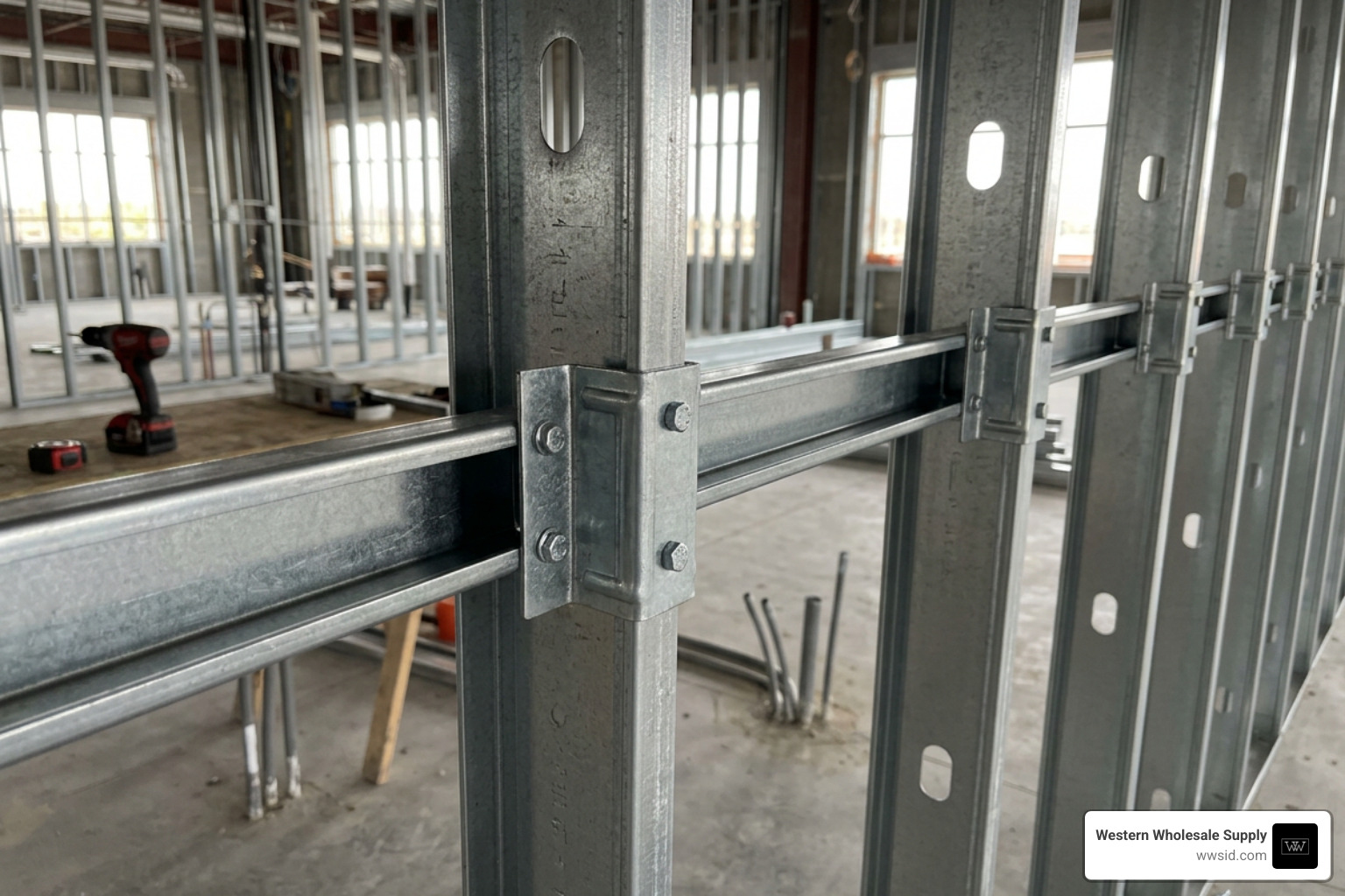 Heavy-duty steel bridging clips installed on metal studs with cold-rolled channel lateral bracing Heavy-duty steel bridging clips installed on metal studs with cold-rolled channel lateral bracing