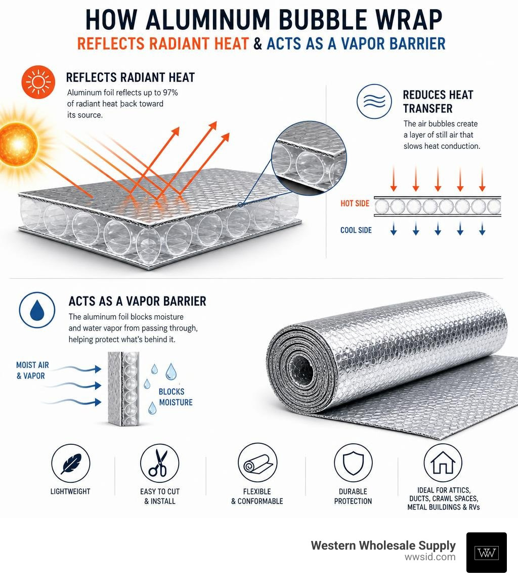 How aluminum bubble wrap reflects radiant heat and acts as a vapor barrier infographic infographic How aluminum bubble wrap reflects radiant heat and acts as a vapor barrier infographic infographic