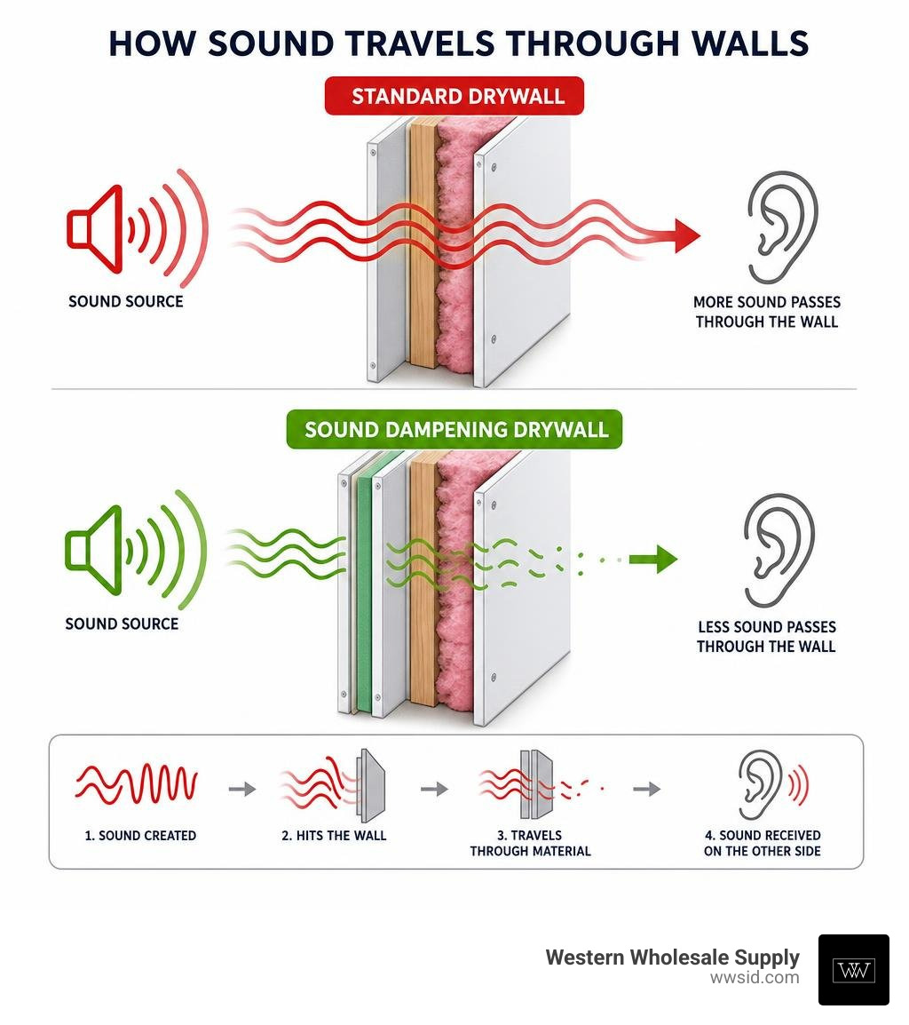 Infographic showing how sound travels through walls and how dampening drywall reduces transmission infographic Infographic showing how sound travels through walls and how dampening drywall reduces transmission infographic