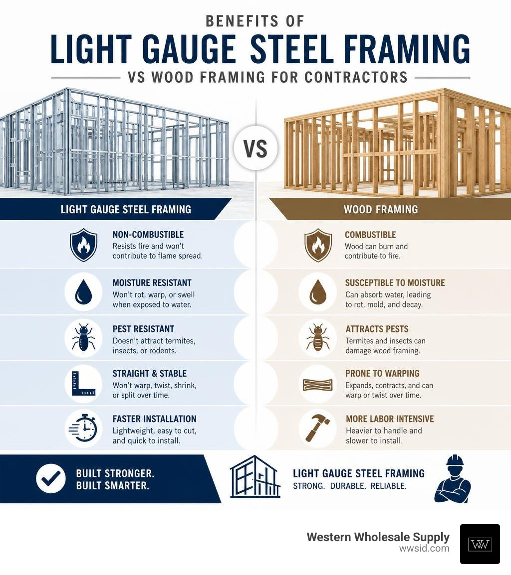 Benefits of light gauge steel framing vs wood framing for contractors infographic Benefits of light gauge steel framing vs wood framing for contractors infographic