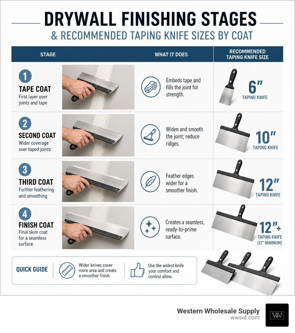 Drywall finishing stages and recommended taping knife sizes by coat infographic Drywall finishing stages and recommended taping knife sizes by coat infographic