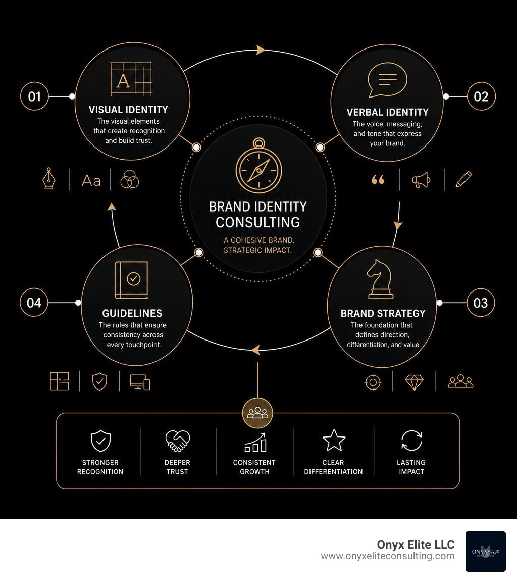 Brand identity consulting ecosystem infographic showing visual identity, verbal identity, brand strategy, and guidelines Brand identity consulting ecosystem infographic showing visual identity, verbal identity, brand strategy, and guidelines