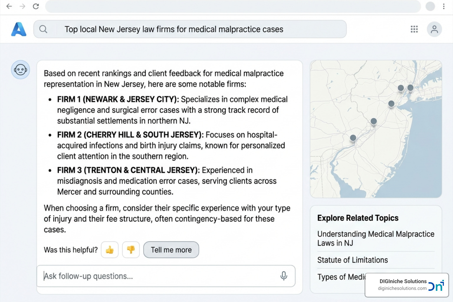 AI search engine interface recommending top local NJ law firms based on user query AI search engine interface recommending top local NJ law firms based on user query