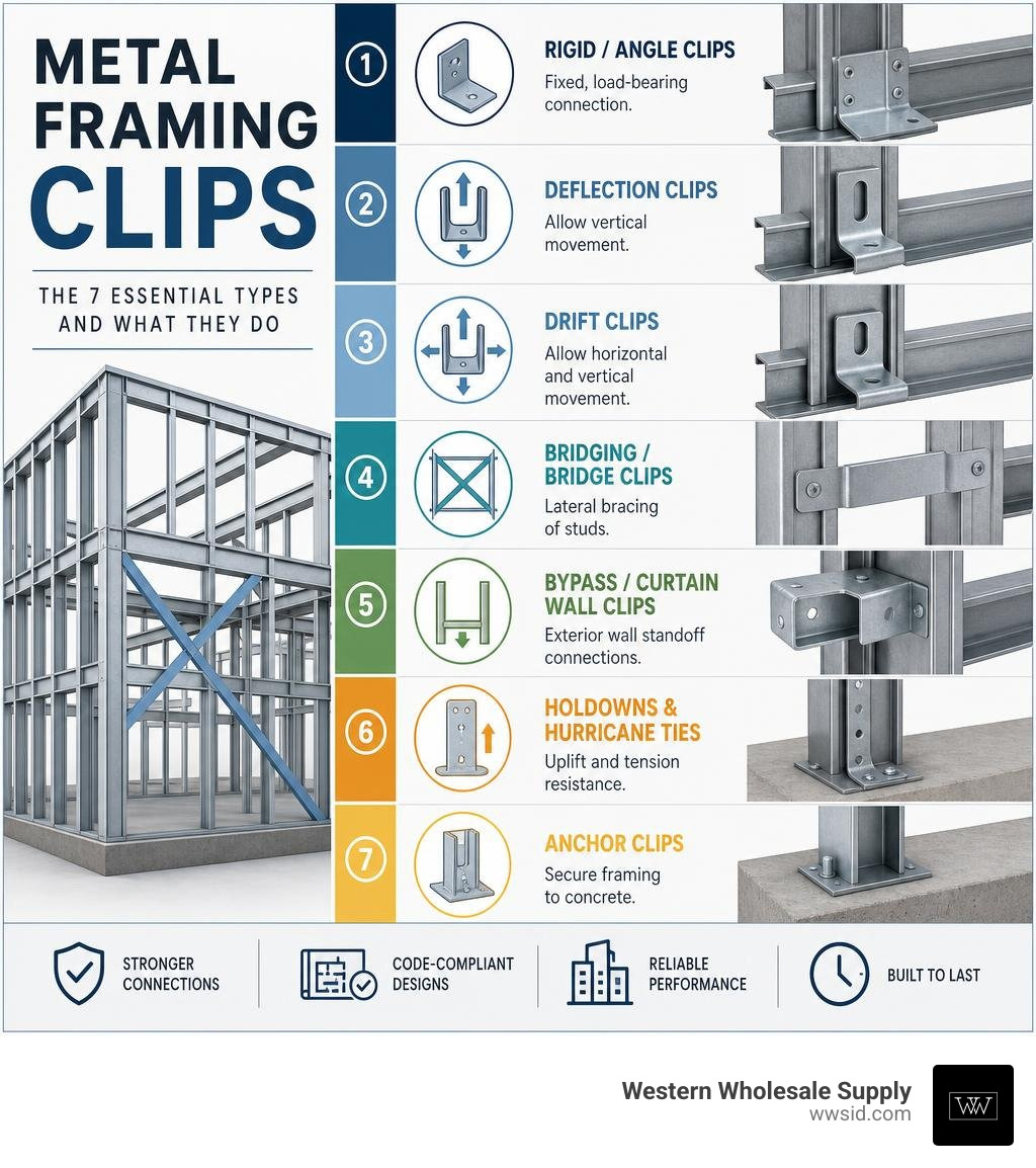 Infographic showing metal framing clip categories: rigid, deflection, drift, bridging, bypass, holdowns, and anchor clips Infographic showing metal framing clip categories: rigid, deflection, drift, bridging, bypass, holdowns, and anchor clips
