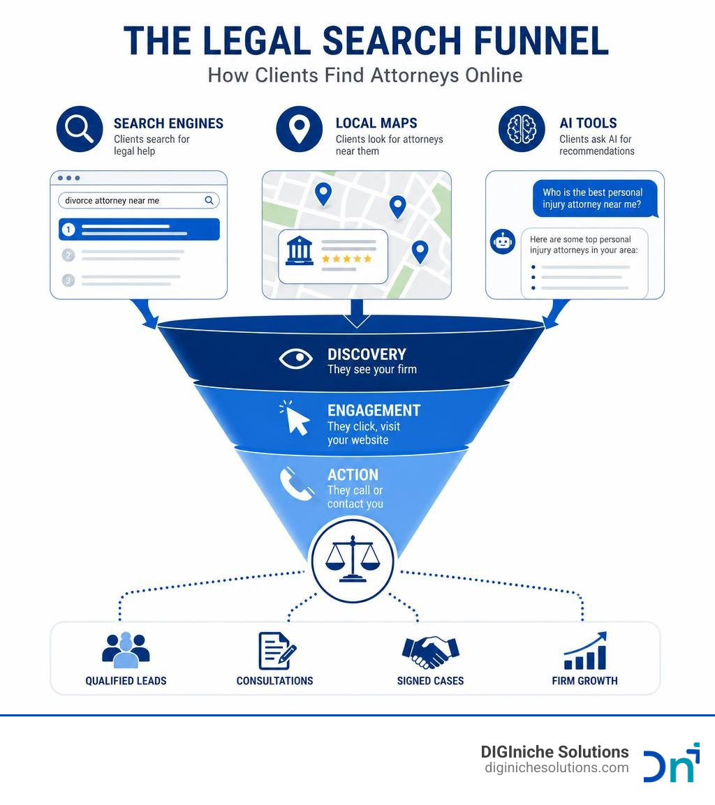 Legal search funnel showing how clients find attorneys online through search engines, local maps, and AI tools infographic Legal search funnel showing how clients find attorneys online through search engines, local maps, and AI tools infographic