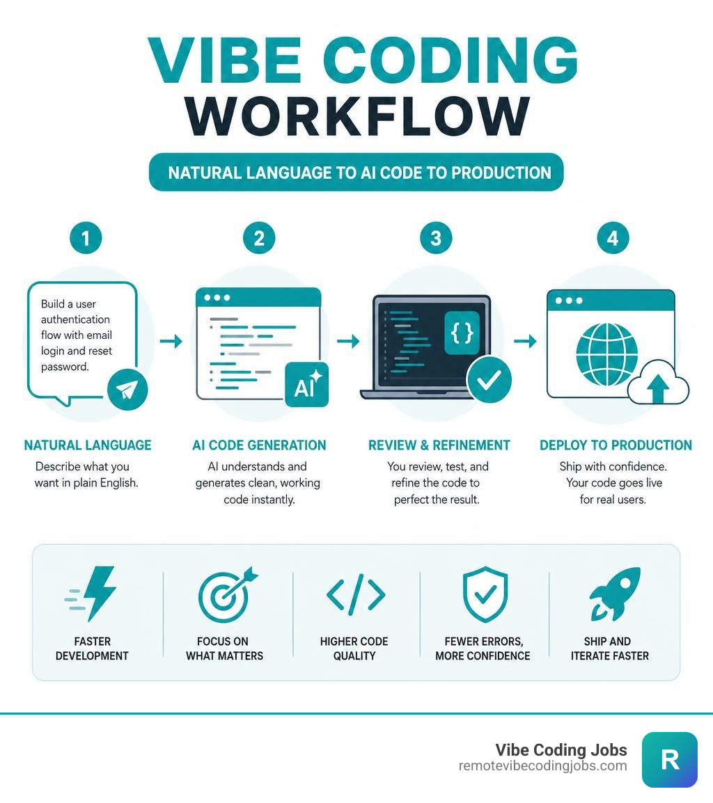 Vibe coding workflow infographic showing natural language to AI code to production pipeline infographic