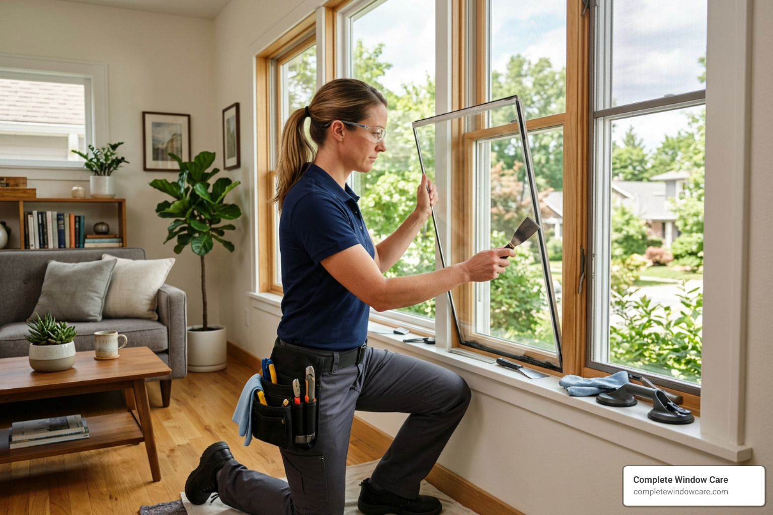 professional window repair technician installing new glass pane in home window professional window repair technician installing new glass pane in home window