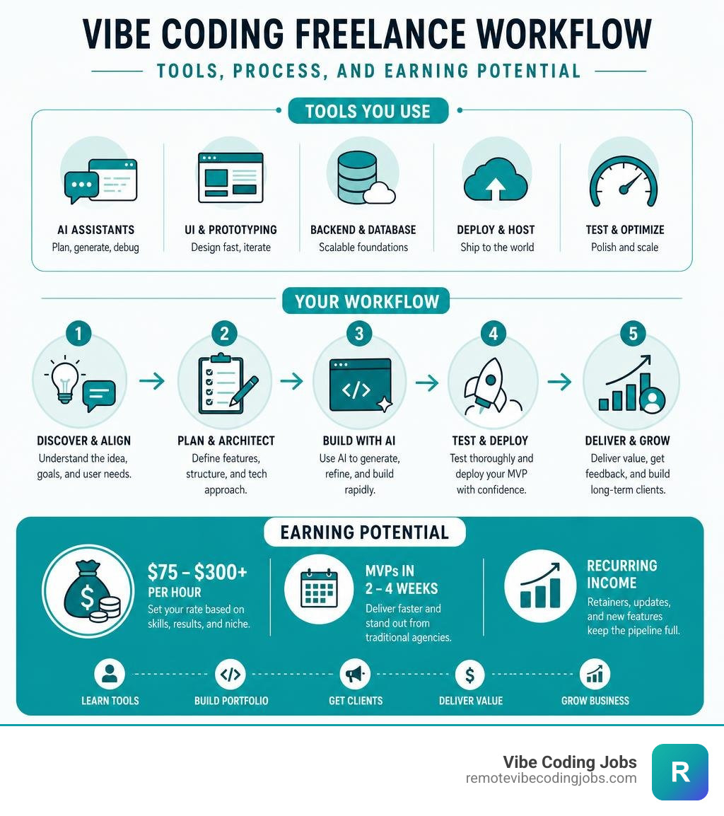 Vibe coding freelance workflow infographic: tools, process steps, and earning potential infographic