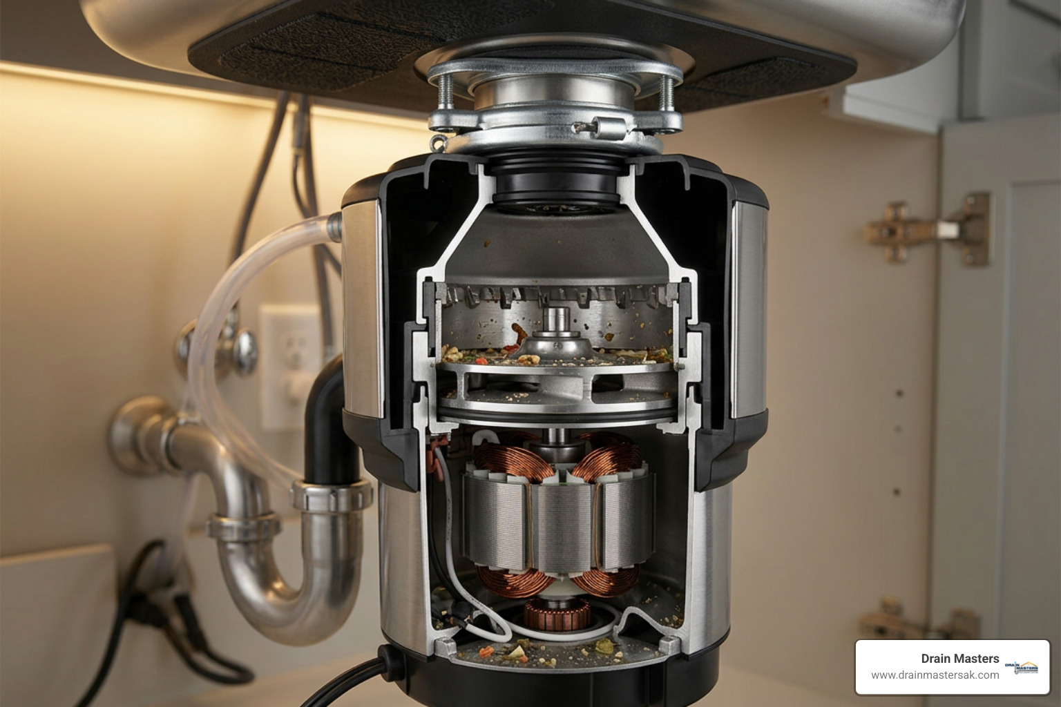 Highly detailed, realistic cutaway photograph of a modern garbage disposal unit showing internal grinding components