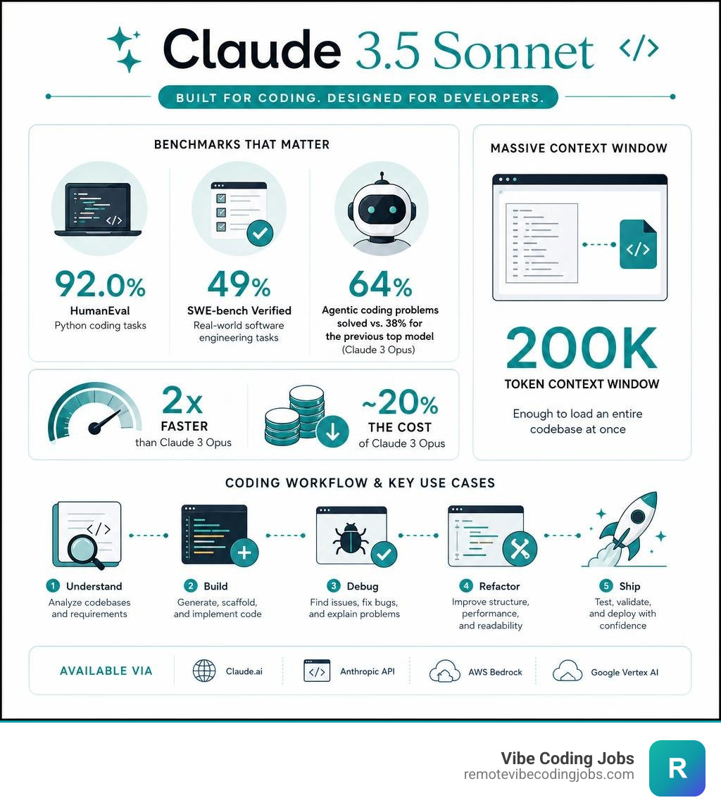 Claude 3.5 Sonnet coding workflow infographic: benchmarks, context window, and key use cases infographic