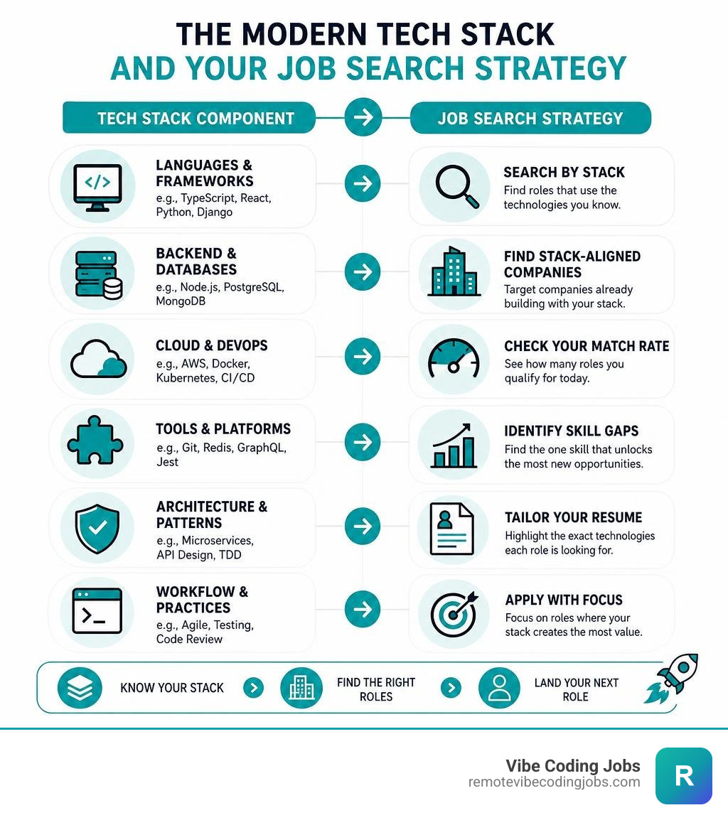 Components of a modern tech stack and how they map to job search strategy infographic