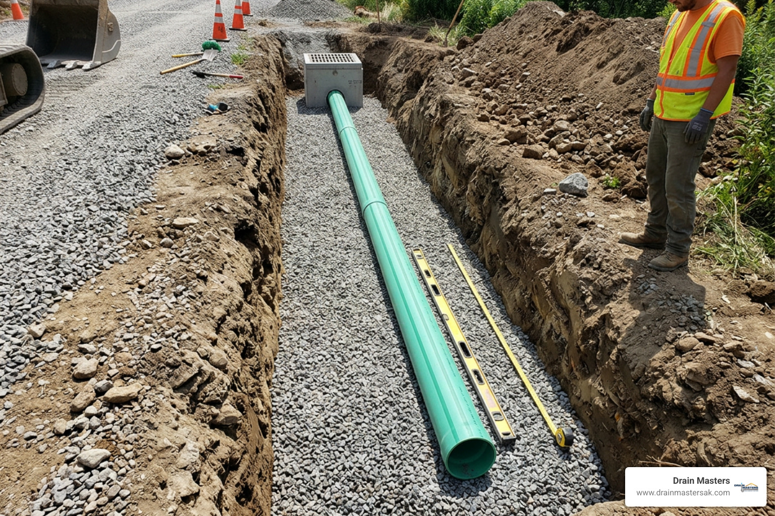 properly sloped drainage pipe in gravel bedding inside a trench