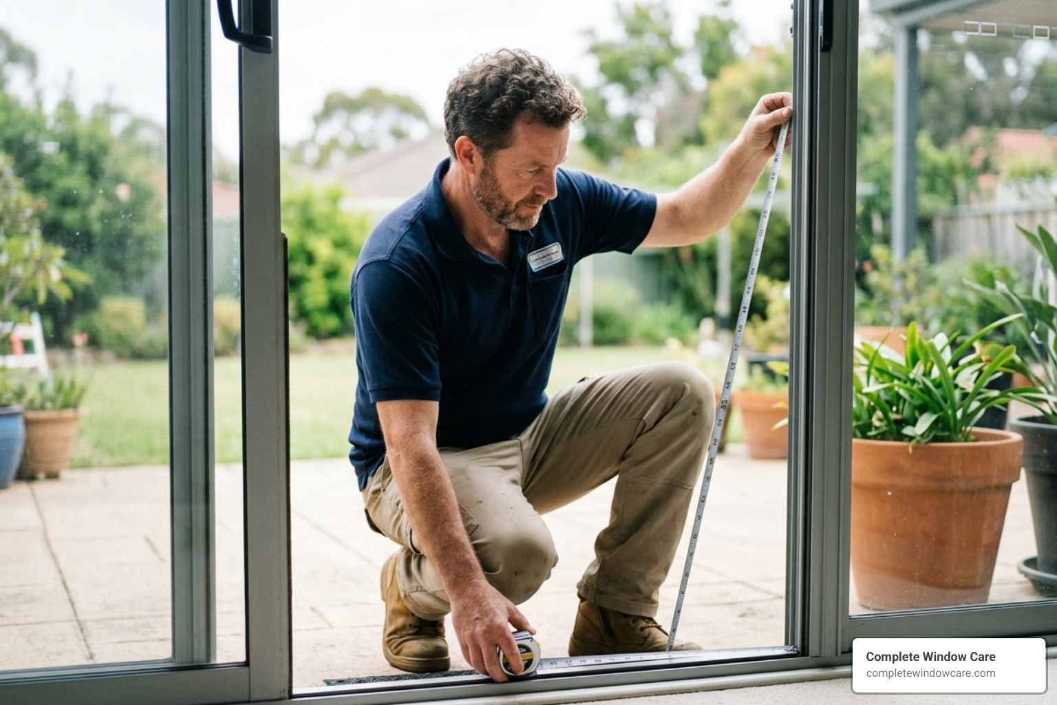 Professional measuring a sliding glass door frame to ensure a perfect metal screen door fit