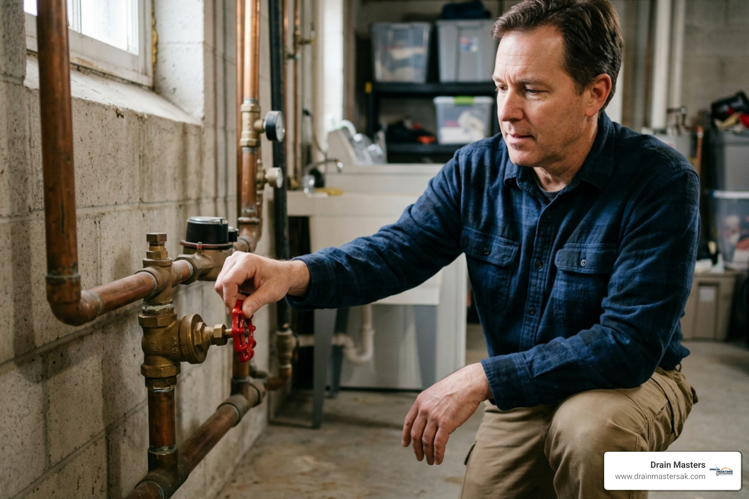 Homeowner turning off main water valve