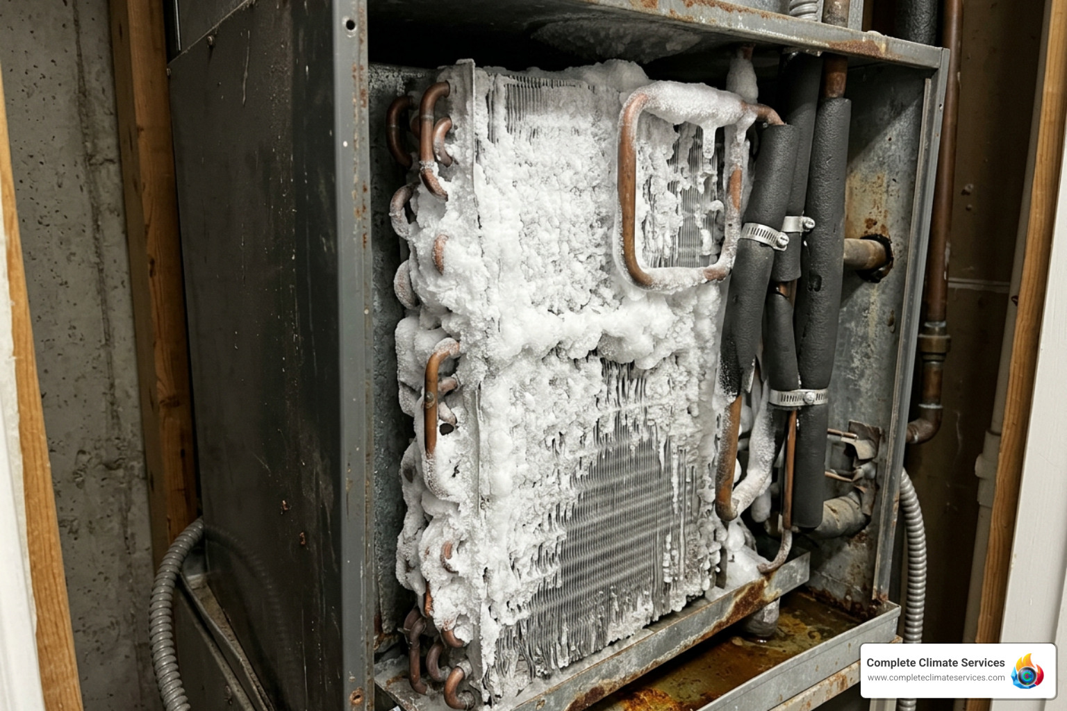 Frozen evaporator coils showing ice buildup on indoor HVAC unit