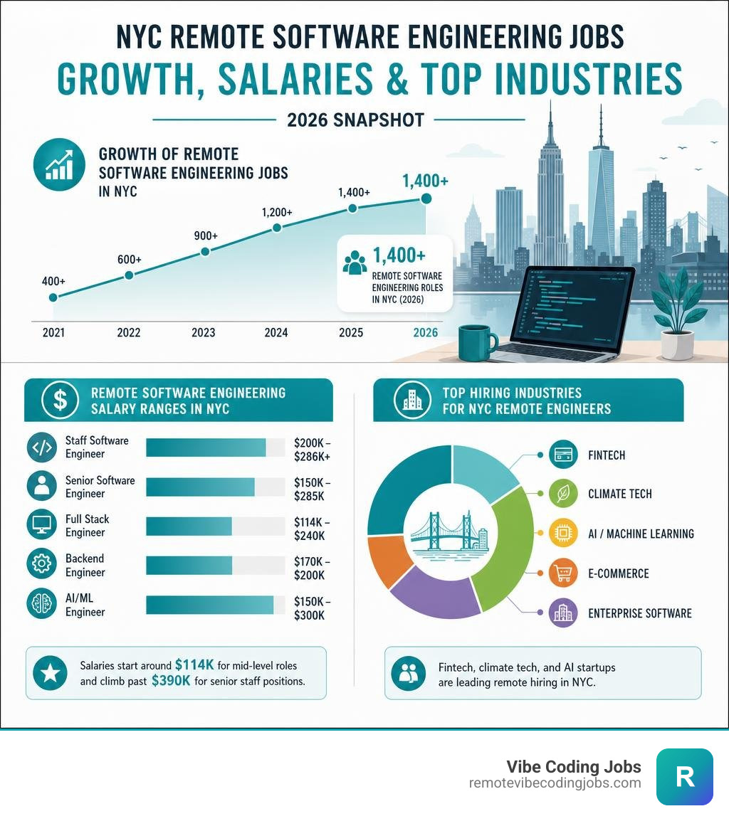 Infographic showing growth of remote software engineering jobs in NYC, salary ranges, and top hiring industries infographic Infographic showing growth of remote software engineering jobs in NYC, salary ranges, and top hiring industries infographic