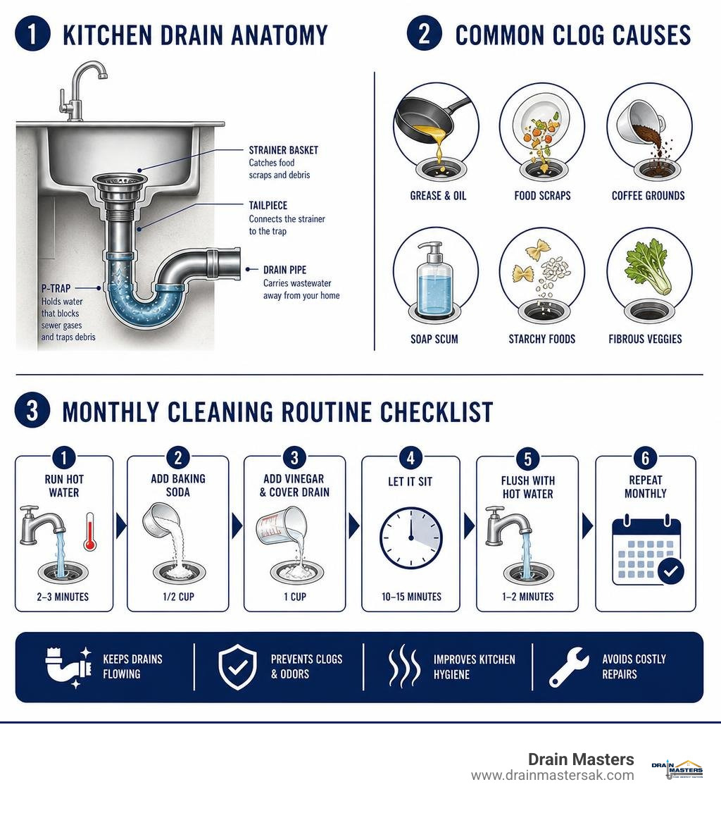 Infographic showing kitchen drain anatomy, common clog causes, and a monthly cleaning routine checklist infographic