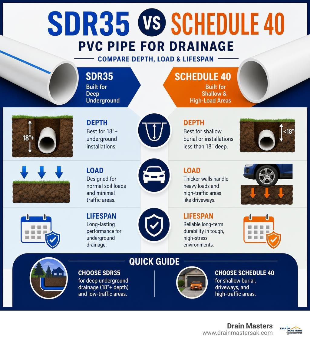 Infographic comparing SDR35 vs Schedule 40 PVC pipe for drainage applications, depth, load, and lifespan infographic