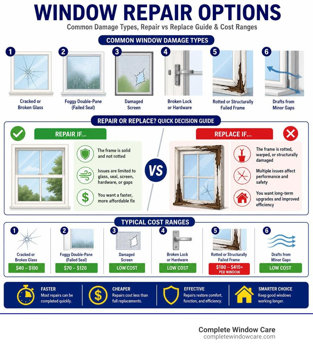 window repair options infographic showing common damage types repair vs replace decision guide and cost ranges infographic window repair options infographic showing common damage types repair vs replace decision guide and cost ranges infographic