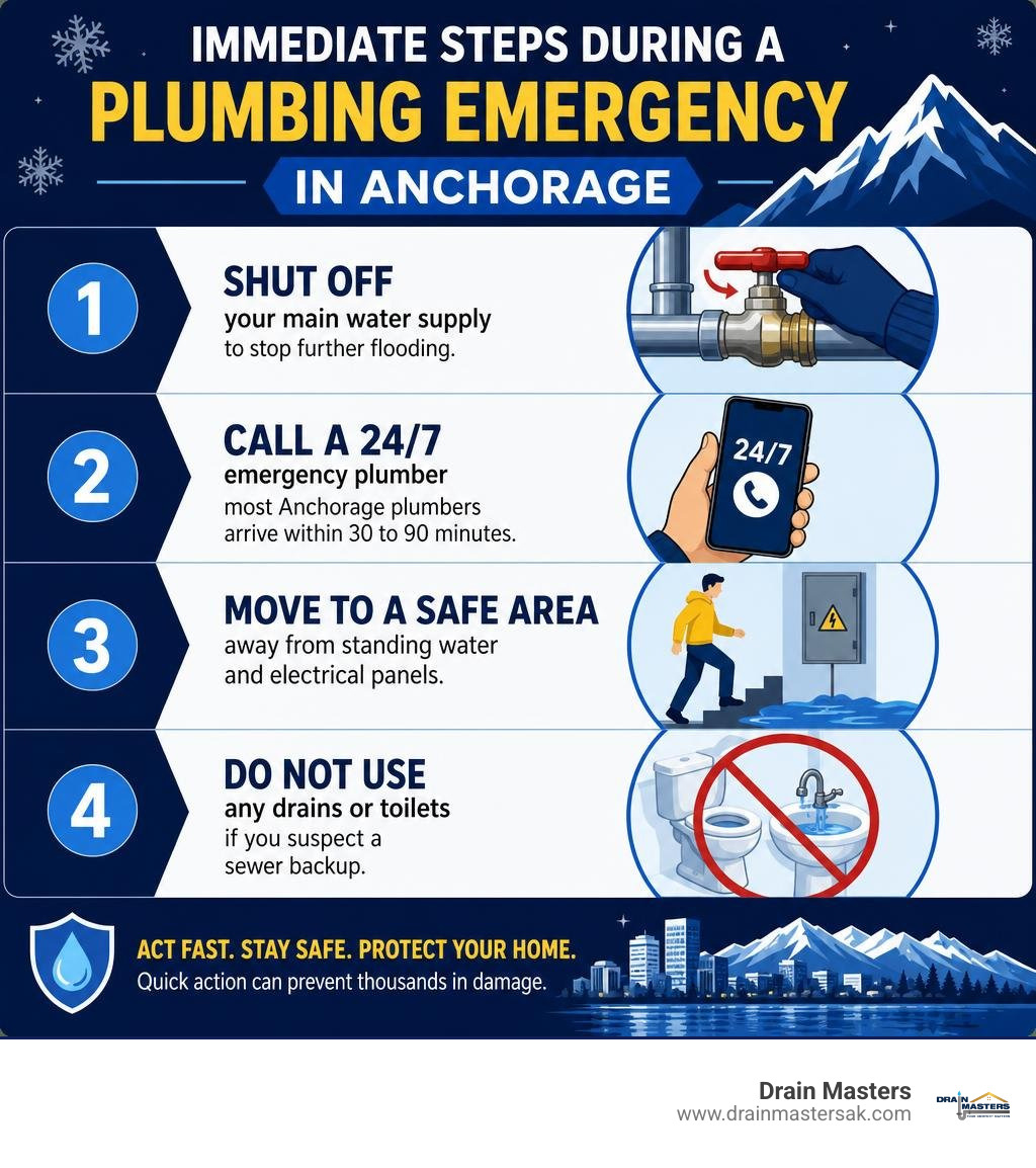 Infographic showing immediate steps during a plumbing emergency in Anchorage infographic