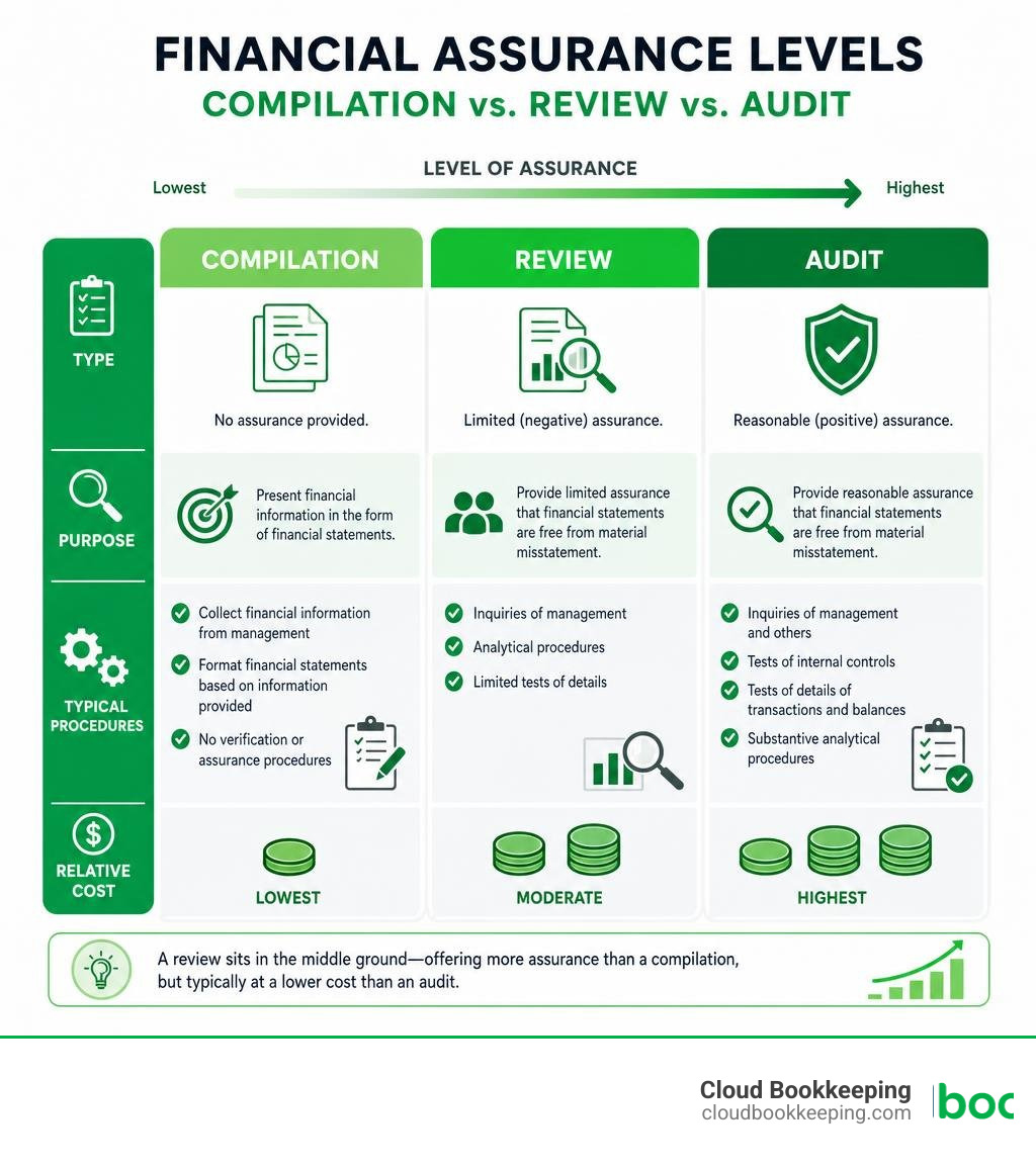 Infographic comparing compilation, review, and audit levels of financial assurance with procedures and cost infographic