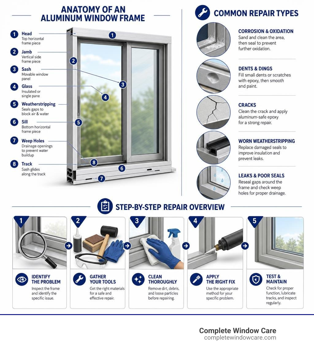 Infographic showing anatomy of an aluminum window frame and common repair types with step-by-step overview infographic