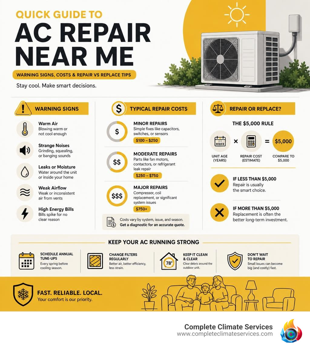 Infographic showing quick guide to AC repair near me with warning signs, costs, and repair vs replace tips infographic