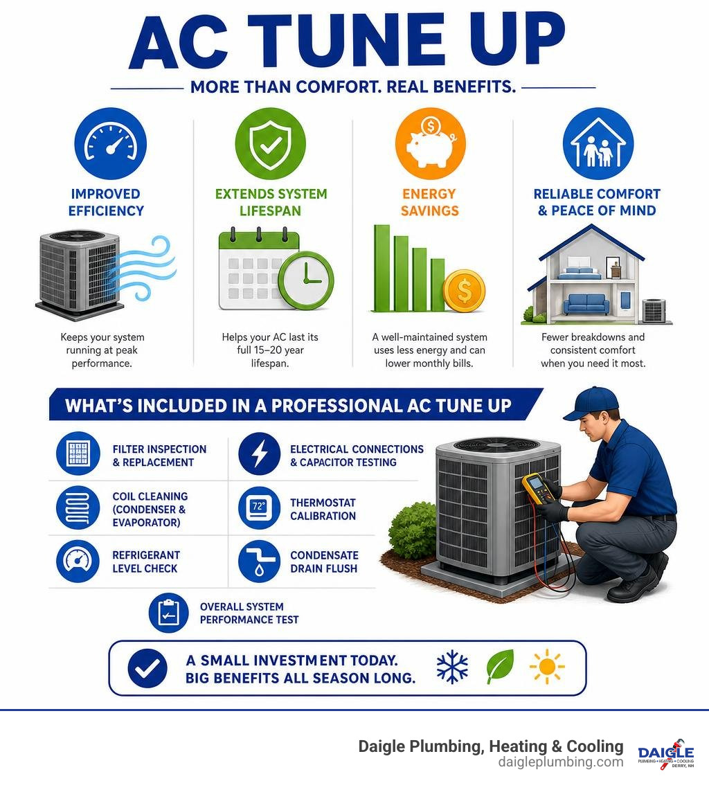 Infographic showing AC tune up benefits: efficiency gains, lifespan extension, energy savings, and what's included in a Infographic showing AC tune up benefits: efficiency gains, lifespan extension, energy savings, and what's included in a