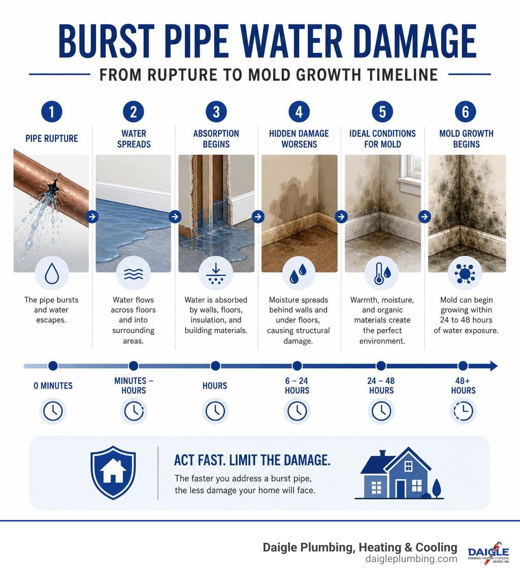 Infographic showing timeline of burst pipe water damage from initial rupture to mold growth infographic Infographic showing timeline of burst pipe water damage from initial rupture to mold growth infographic