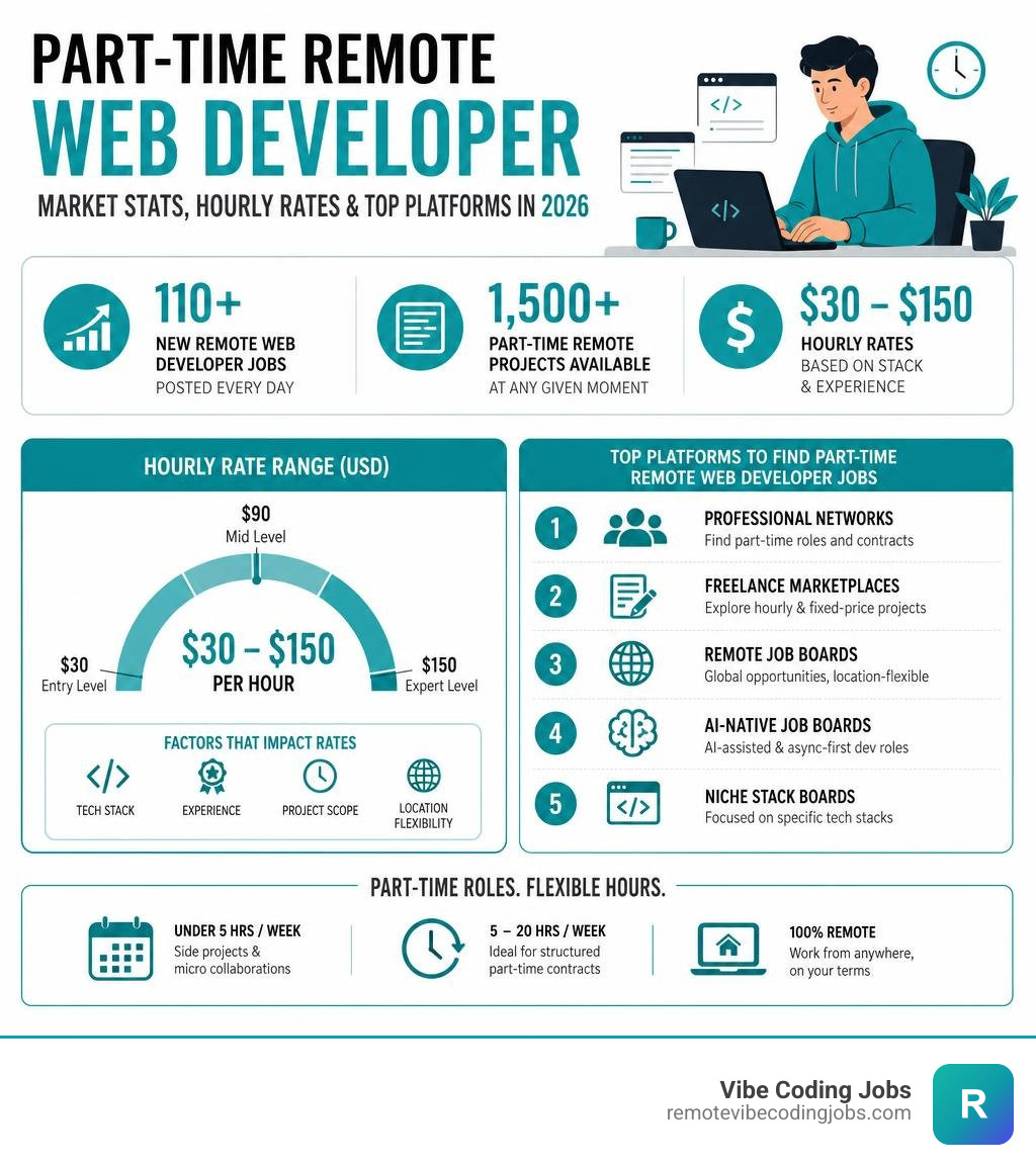 infographic showing part-time remote web developer market stats, hourly rates, and top platforms in 2026 infographic
