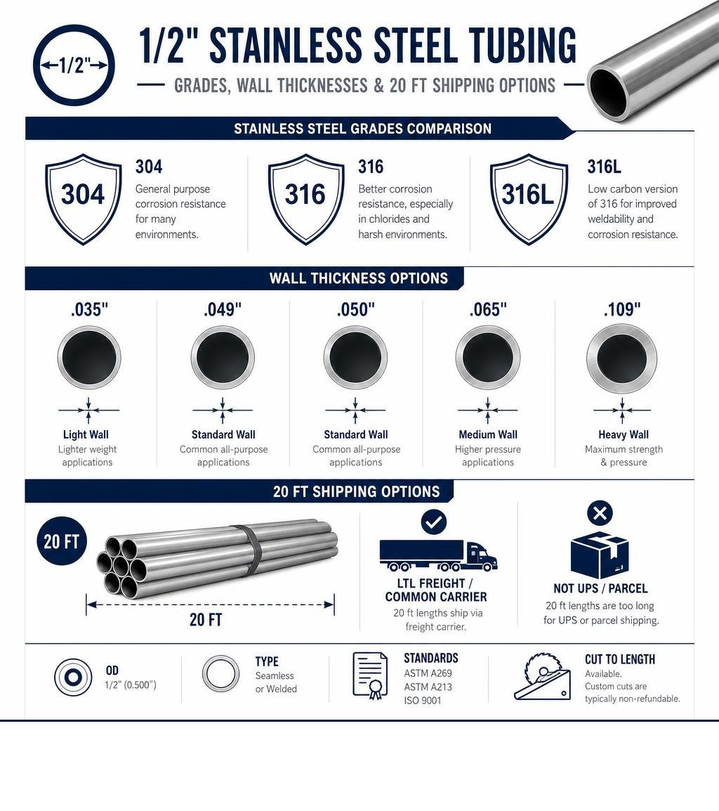 Infographic comparing 1/2 inch stainless steel tubing grades wall thicknesses and 20 ft shipping options infographic Infographic comparing 1/2 inch stainless steel tubing grades wall thicknesses and 20 ft shipping options infographic