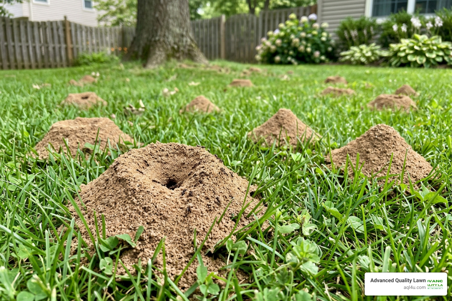 Funnel ant mounds in grass lawn