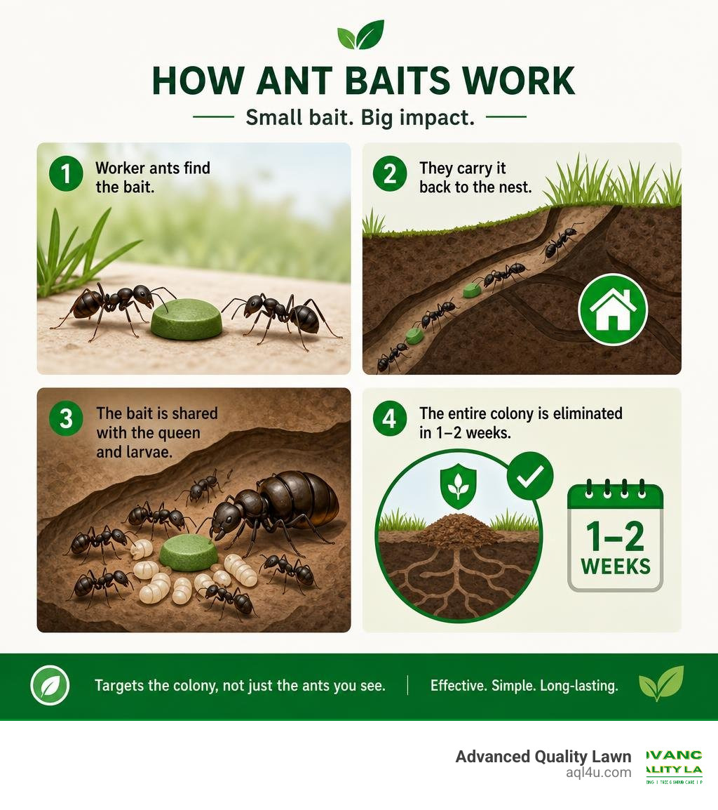 Infographic showing how ant baits work: worker ants carry bait to nest, feeding queen and larvae, eliminating colony in 1 to 2 weeks