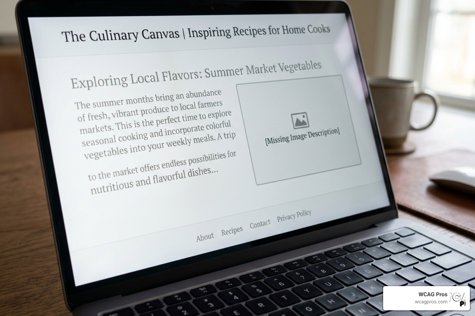 Visual examples of common web accessibility errors such as low contrast and missing alt text Visual examples of common web accessibility errors such as low contrast and missing alt text