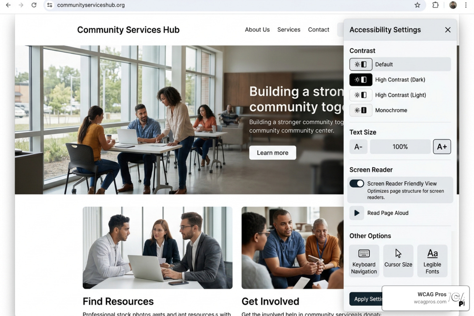 A website showcasing an open accessibility widget with options for contrast, text size, and screen reader adjustments A website showcasing an open accessibility widget with options for contrast, text size, and screen reader adjustments