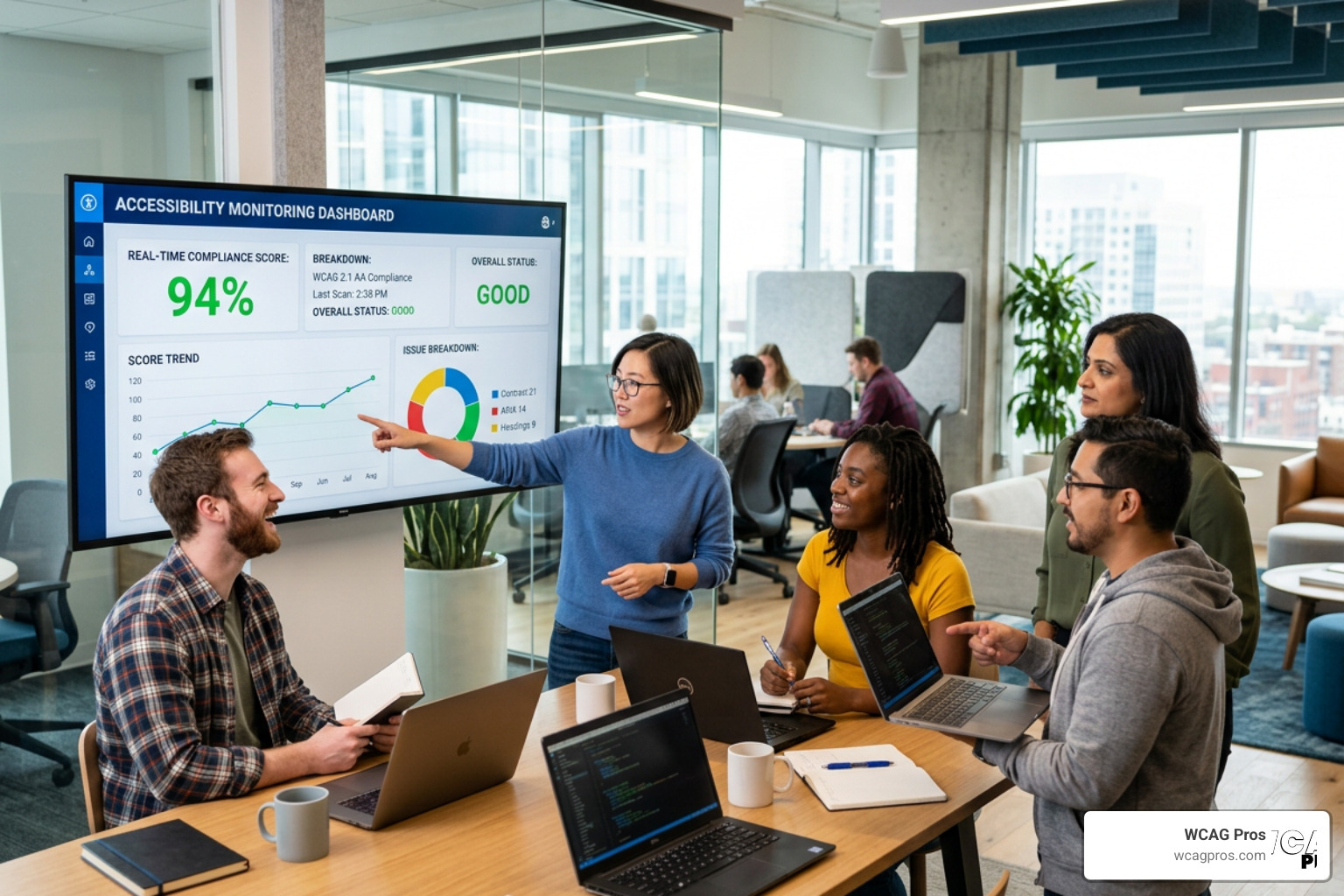 A modern web development team reviewing an accessibility testing dashboard with real time compliance scores A modern web development team reviewing an accessibility testing dashboard with real time compliance scores
