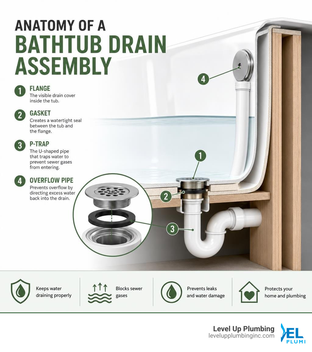 Anatomy of a bathtub drain assembly showing flange, gasket, P-trap, and overflow pipe infographic