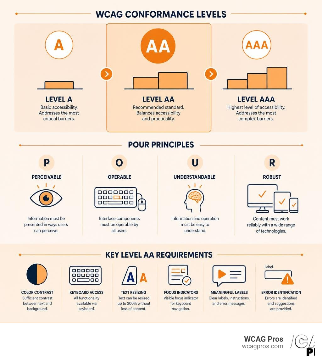 Infographic showing WCAG conformance levels A, AA, AAA with POUR principles and key AA requirements infographic Infographic showing WCAG conformance levels A, AA, AAA with POUR principles and key AA requirements infographic