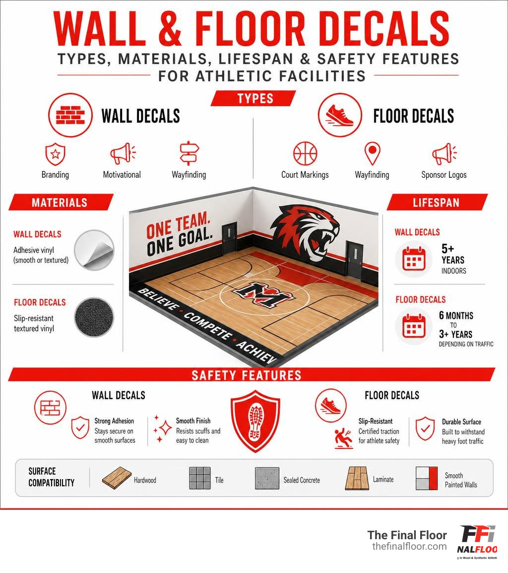Infographic showing types, materials, lifespan, and safety features of wall and floor decals for athletic facilities Infographic showing types, materials, lifespan, and safety features of wall and floor decals for athletic facilities