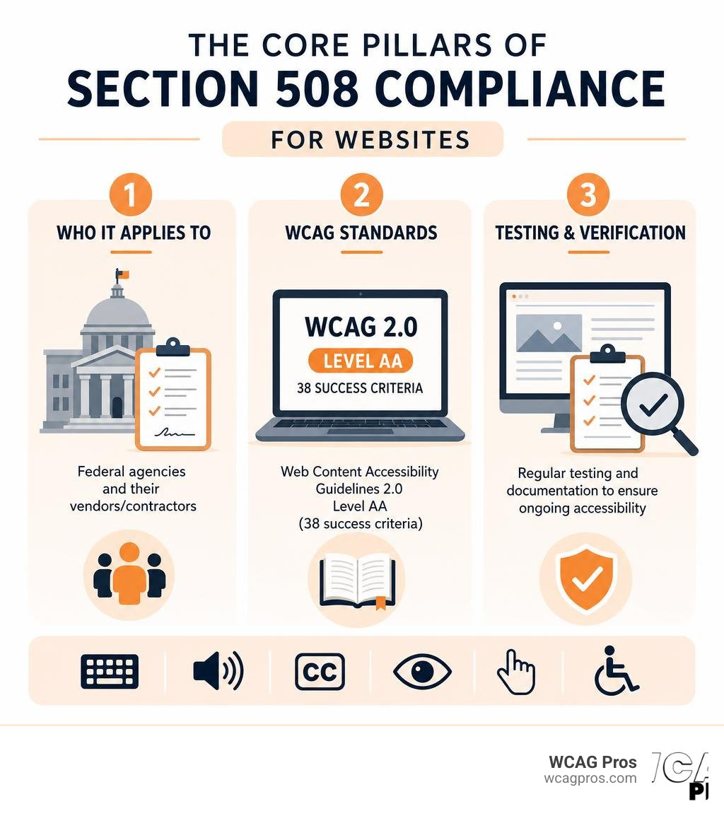 Core pillars of Section 508 compliance for websites including who it applies to, WCAG standards, and testing infographic Core pillars of Section 508 compliance for websites including who it applies to, WCAG standards, and testing infographic