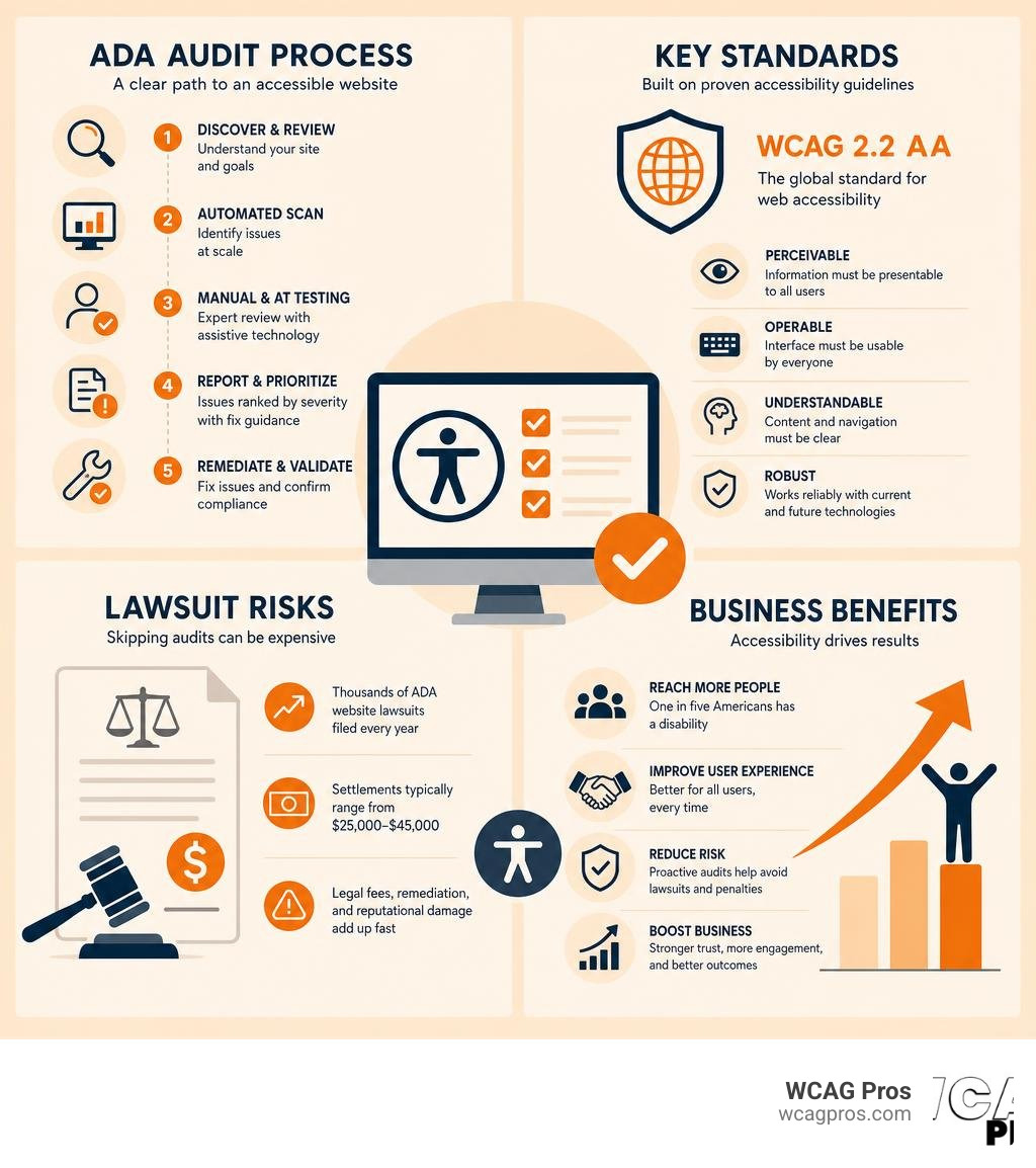 Infographic showing ADA audit process steps, key standards, lawsuit risks, and business benefits infographic Infographic showing ADA audit process steps, key standards, lawsuit risks, and business benefits infographic