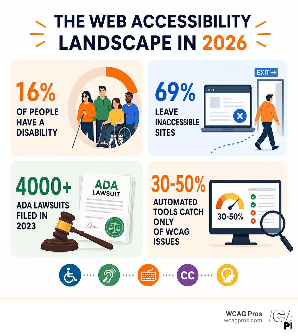 Infographic showing the web accessibility landscape in 2026: 16% of people have a disability, 69% leave inaccessible sites Infographic showing the web accessibility landscape in 2026: 16% of people have a disability, 69% leave inaccessible sites
