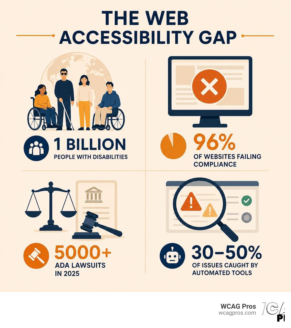 Infographic showing the web accessibility gap: 1 billion people with disabilities, 96% of websites failing compliance, 5000+ Infographic showing the web accessibility gap: 1 billion people with disabilities, 96% of websites failing compliance, 5000+