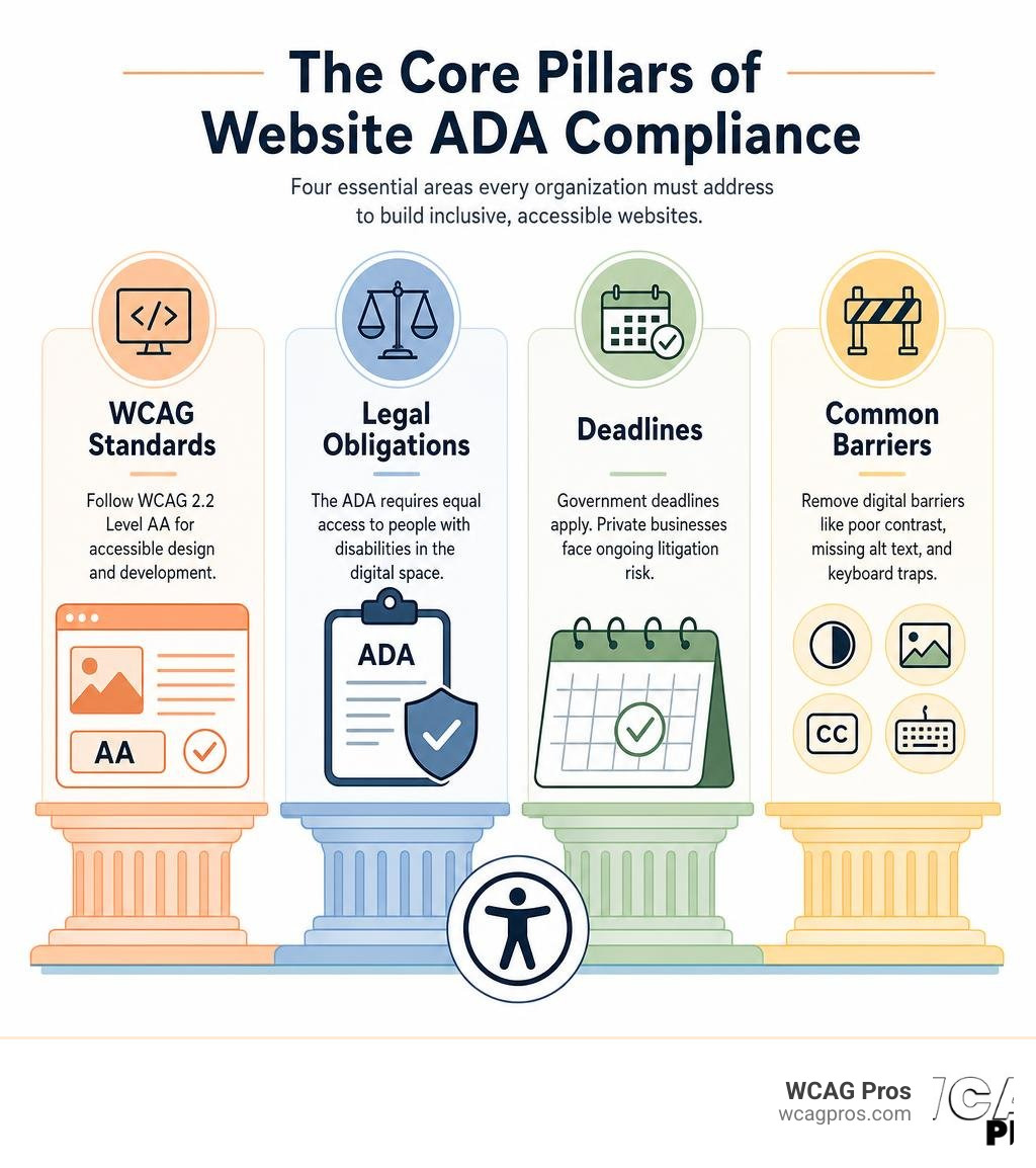 Core pillars of website ADA compliance: WCAG standards, legal obligations, deadlines, and common barriers infographic Core pillars of website ADA compliance: WCAG standards, legal obligations, deadlines, and common barriers infographic