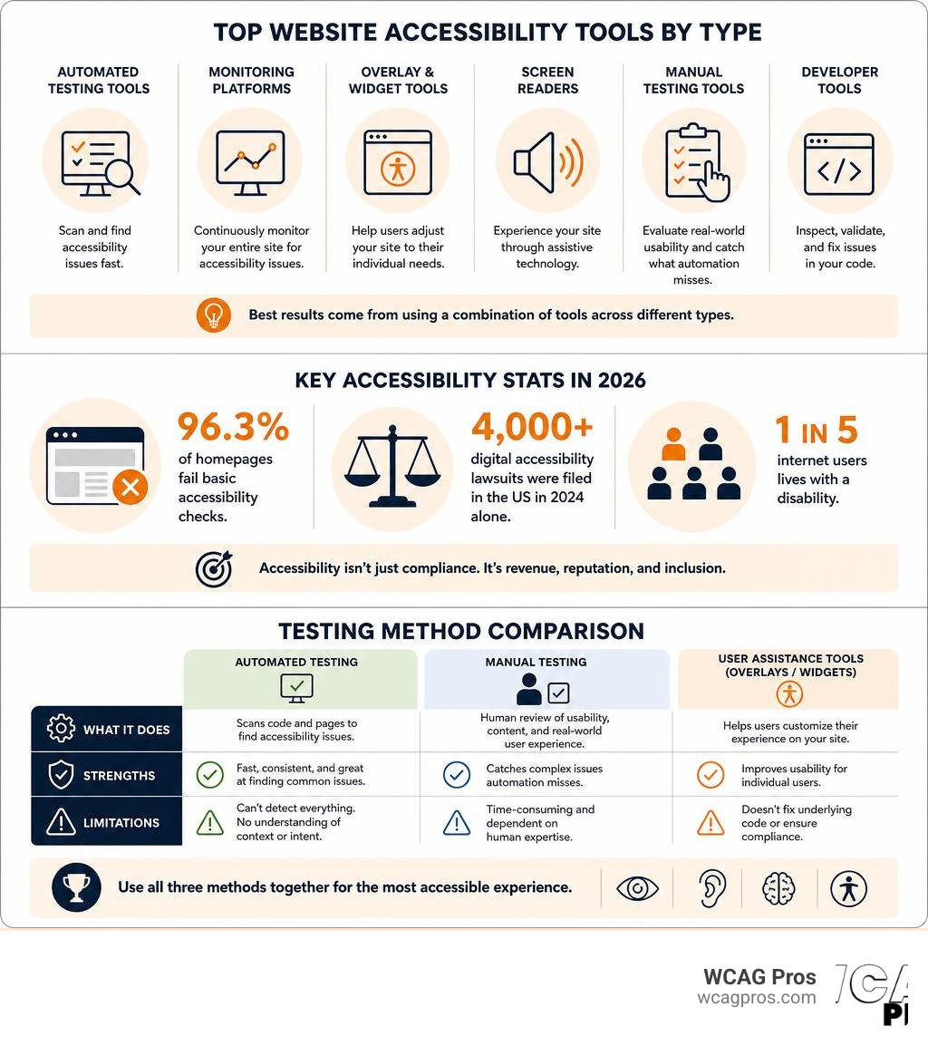 Infographic showing top website accessibility tools by type, key 2026 stats, and testing method comparison infographic Infographic showing top website accessibility tools by type, key 2026 stats, and testing method comparison infographic