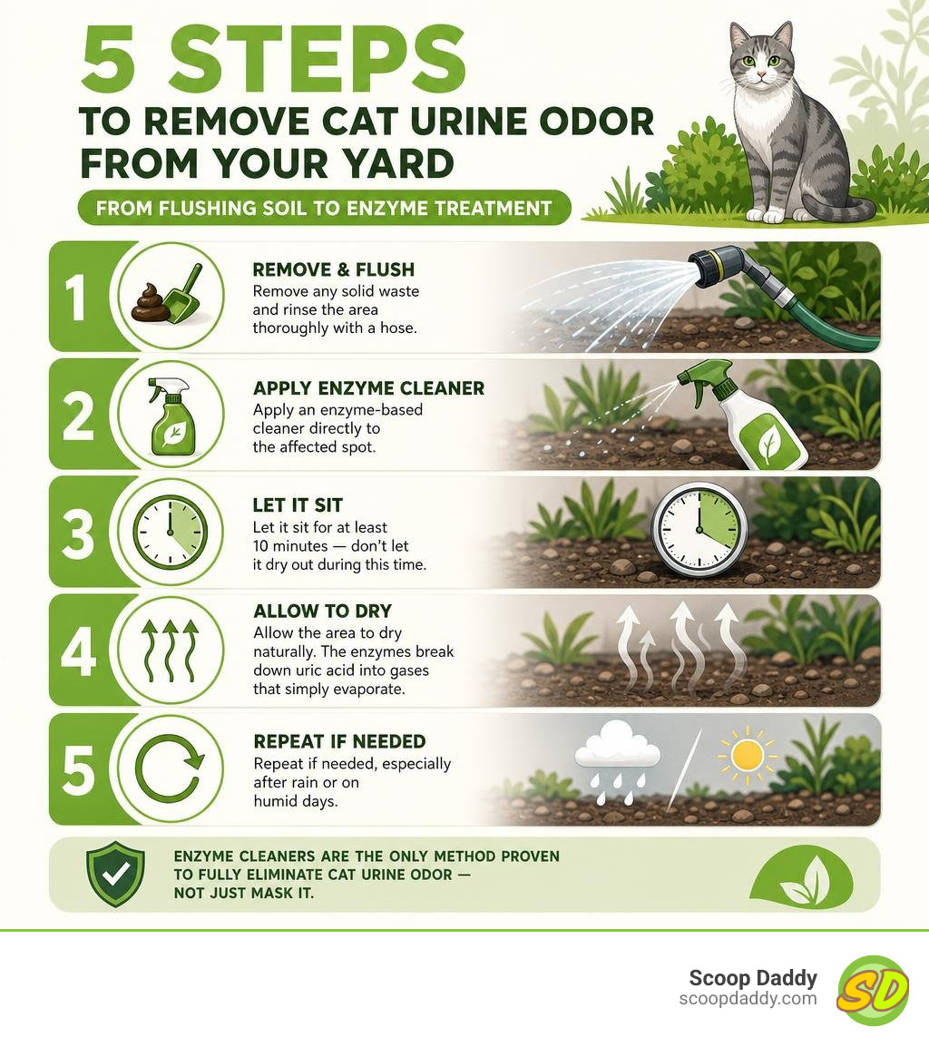 Infographic: 5 steps to remove cat urine odor from your yard, from flushing soil to enzyme treatment infographic Infographic: 5 steps to remove cat urine odor from your yard, from flushing soil to enzyme treatment infographic