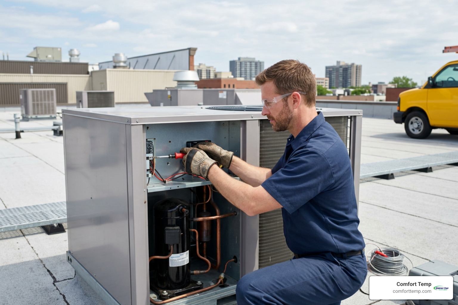 Commercial HVAC technician in blue uniform completing service call Commercial HVAC technician in blue uniform completing service call