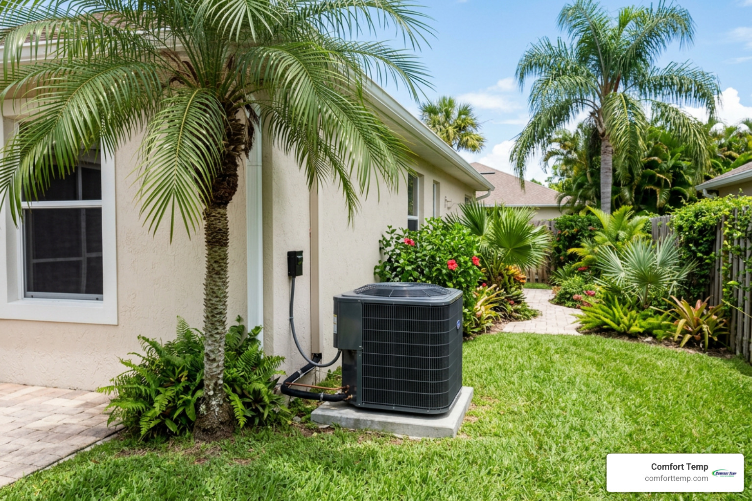 modern energy-efficient outdoor condenser unit in a sunny Florida yard modern energy-efficient outdoor condenser unit in a sunny Florida yard